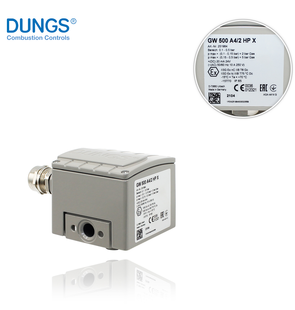 DUNGS 251984 GW 500 A4 HP X 100-500mbar FOR GAS AND/OR AIR ATEX Z2-22 DIFFERENTIAL PRESSURE SWITCH