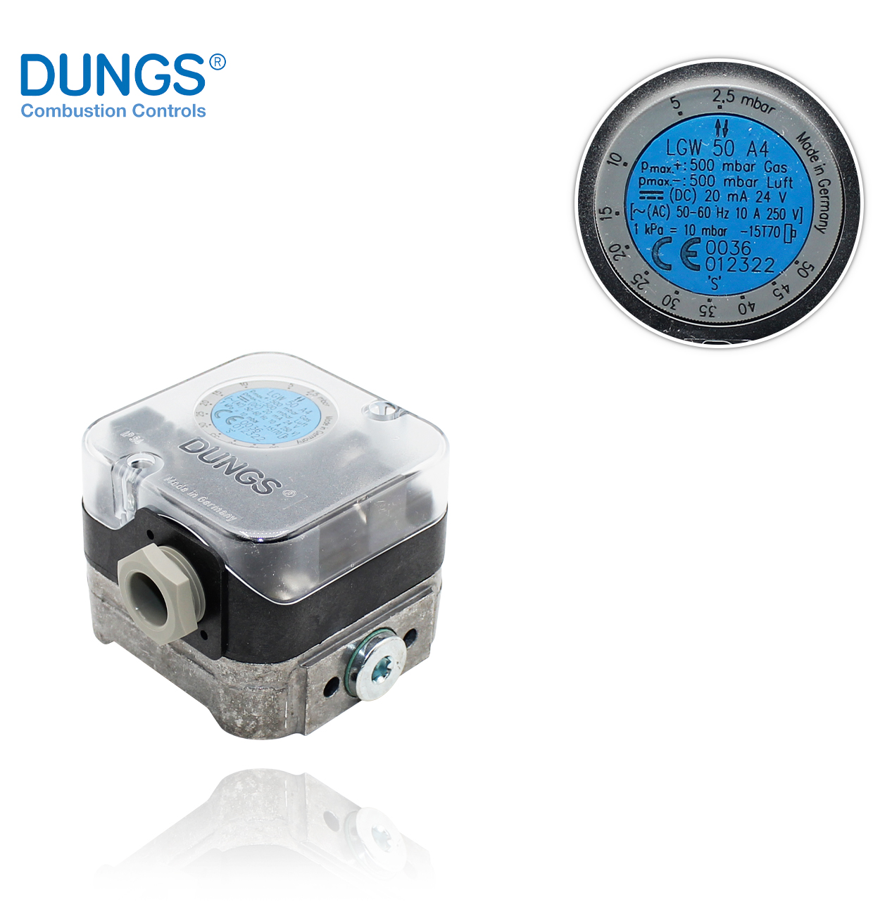 LGW 50 A4 Au 2.5-50mbar. FOR GAS AND AIR, GOLDCONTACT PRESSURE SWITCH DUNGS 229385