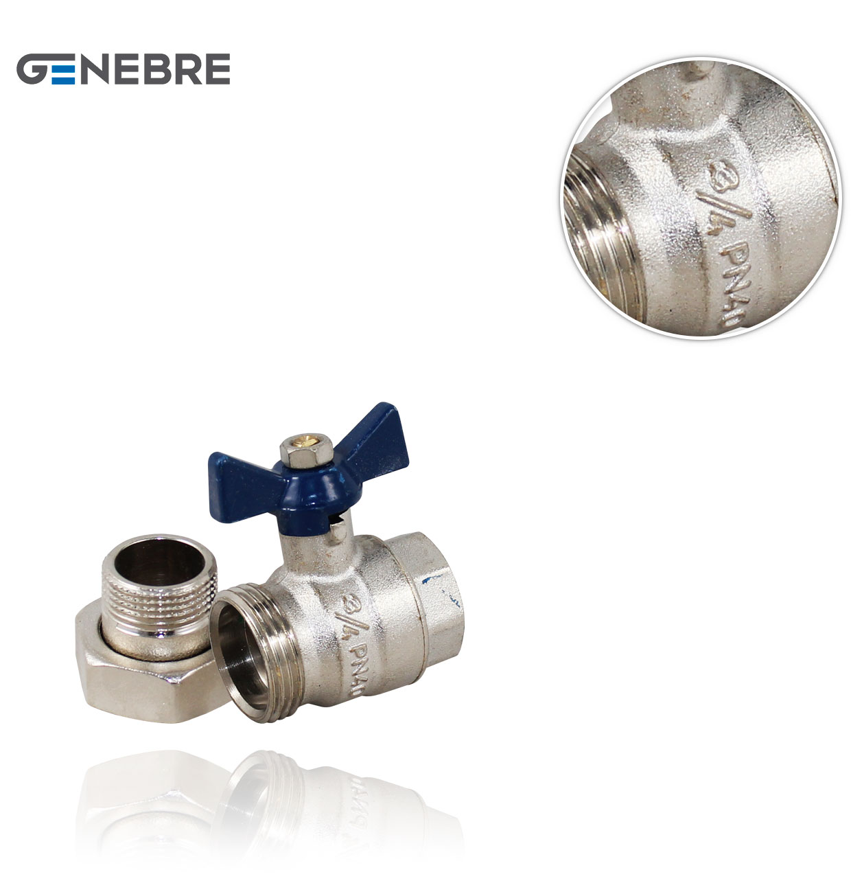 MH R3/4" GENEBRE BALL VALVE, WING NUT W/CONNECTOR PN25